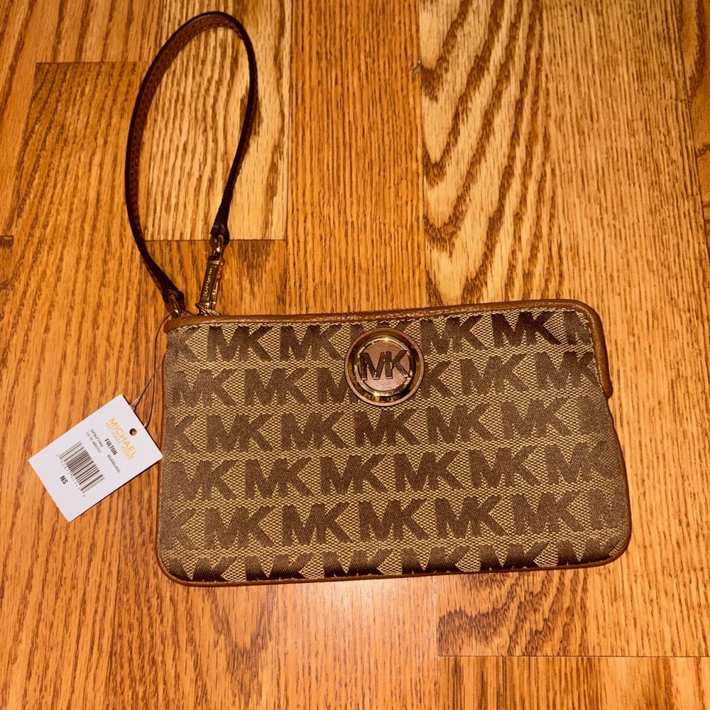 Michael Kors Tan Brown MK Logo Wristlet with Gold Tone Emblem